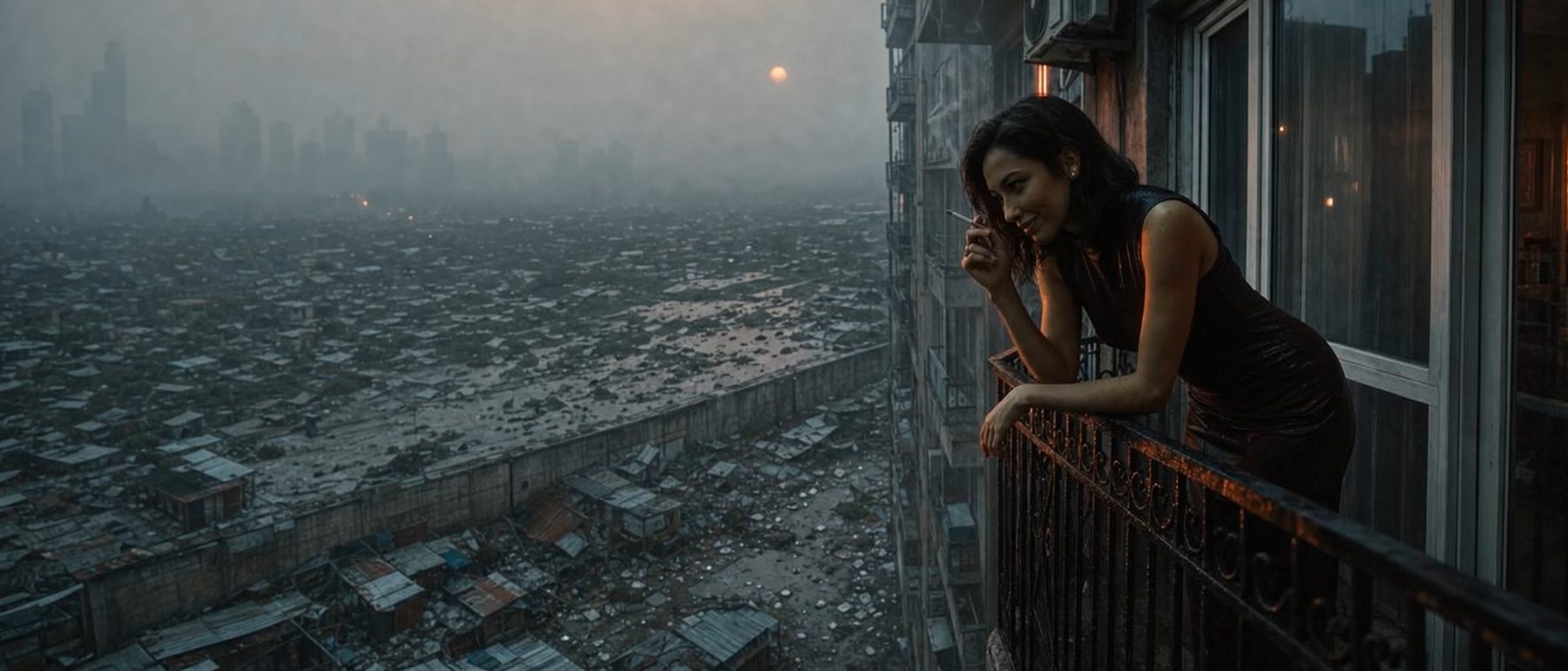 Woman smoking on a balcony above a fogged city at dusk