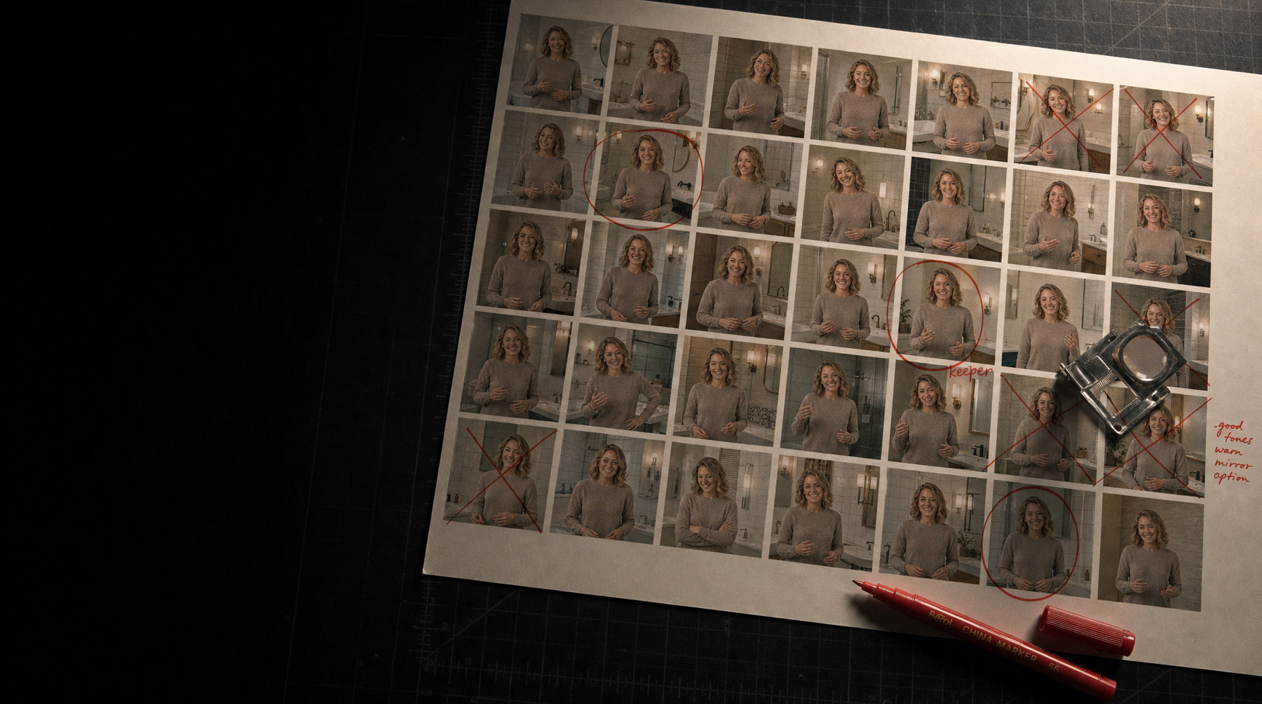 Contact sheet of generated frames on a cutting mat, marked by hand in red, headed GEN AI — consistency pass