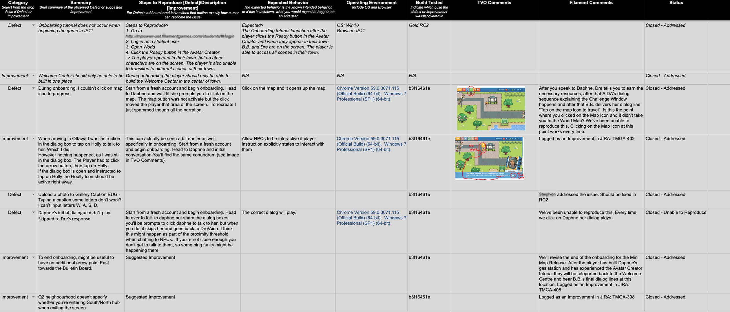 QA log detail: defects and improvements tracker, vendor and URLs redacted