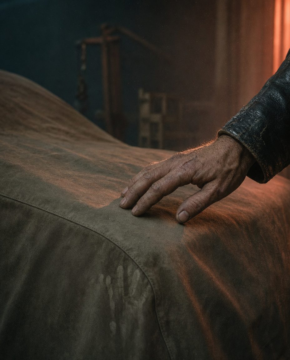 Hand on the tarp, palm prints already in the dust