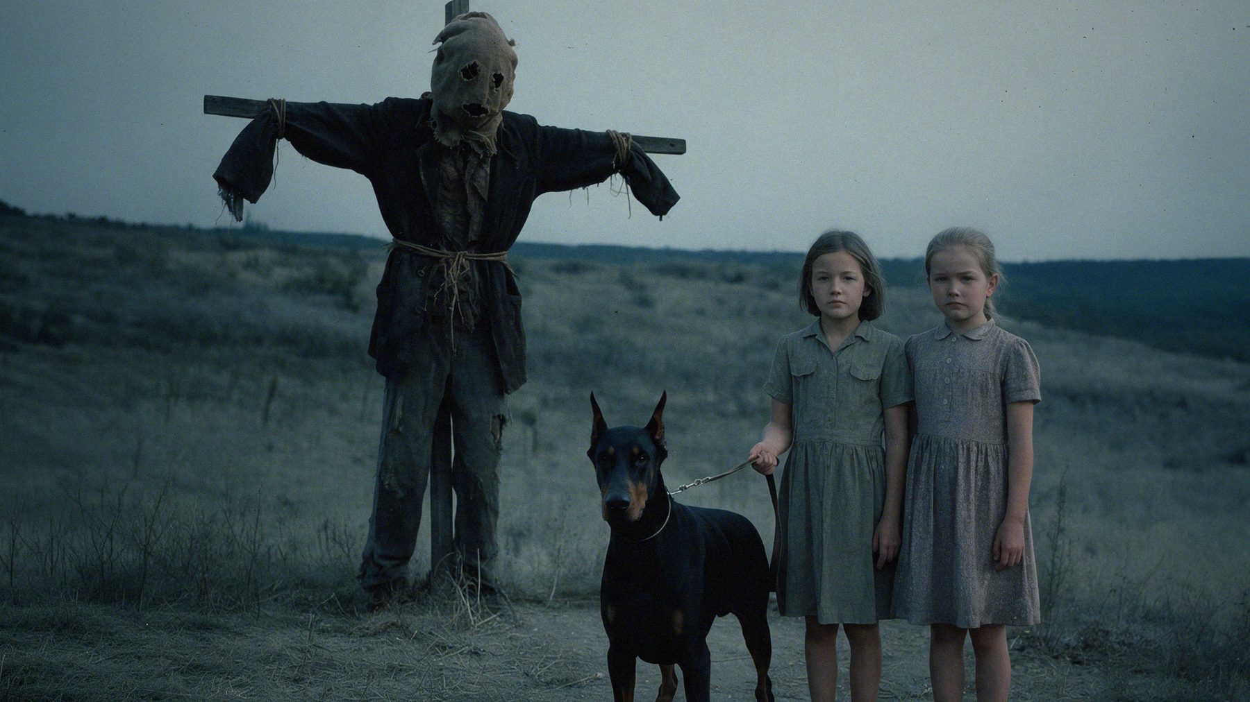 Film still: two girls and a doberman beside a scarecrow