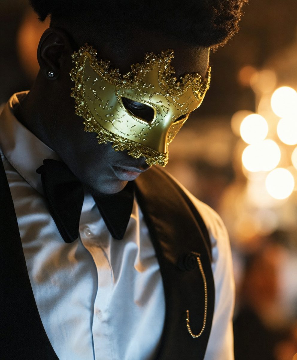Guest in a gold masquerade mask at the Secret Supper